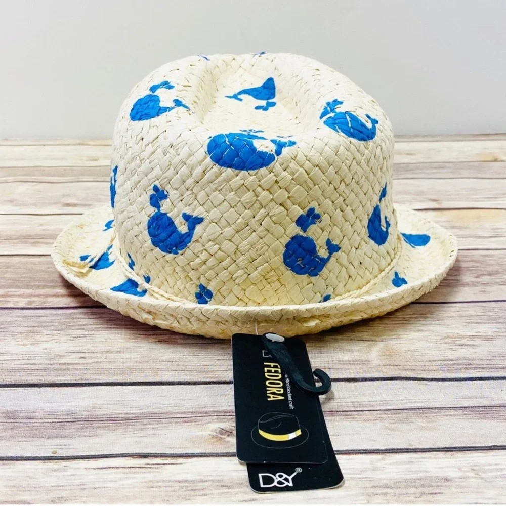 David and Young Natural Straw Kids Fedora Bright Blue Whale Print Casual NWT